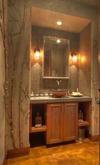 Thompson Art Studios is well-known for 3-Dimensional murals that use sculptural elements such as this bamboo themed bathroom. 