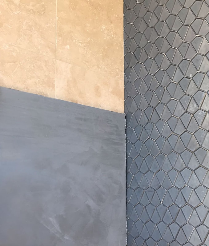 Thompson Art Studios creates blue gray Venetian Plaster sample to accent bath glass tiles
