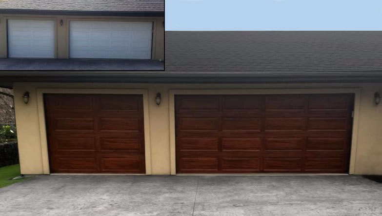 Before and after hand-painted faux wood grain on white vinyl garage doors to match the home's existing Ohia wood elements.