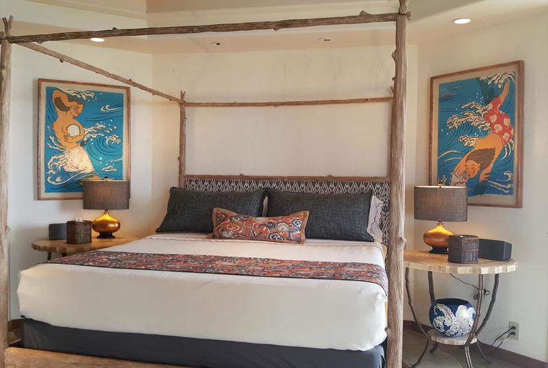 Thompson Art Studios applied Marmorino plaster with added mica chips of mother of pearl to this bedroom at Mauna Kea Fairways.